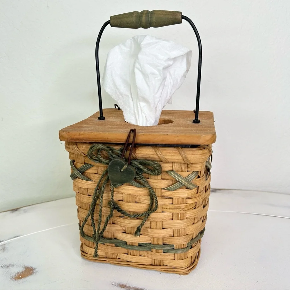 Farmhouse Basket Kleenex Holder With Wood Top